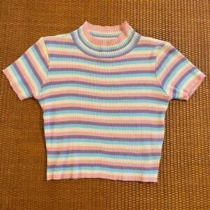 Ribbed Pastel Rainbow Cropped Turtleneck T-shirt